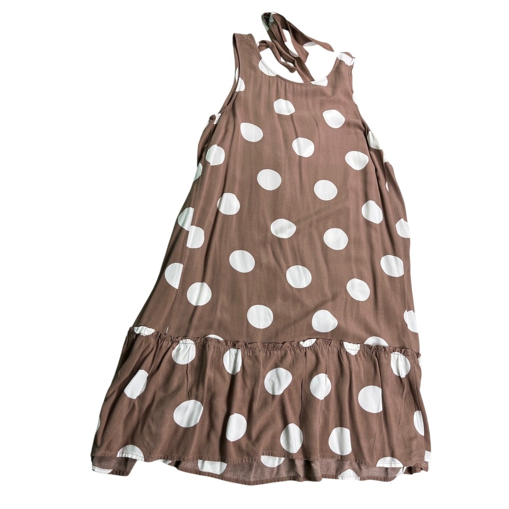 LOFT Petite Medium Polka Dot Swing Dress Taupe White 100% Viscose Ruffle Hem‎